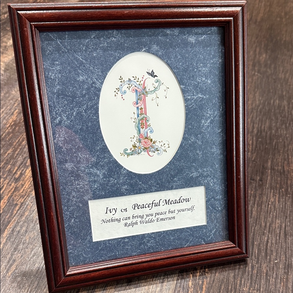 Elegant Vintage Floral Monogram Framed Art. Ivy And Peaceful Meadow.